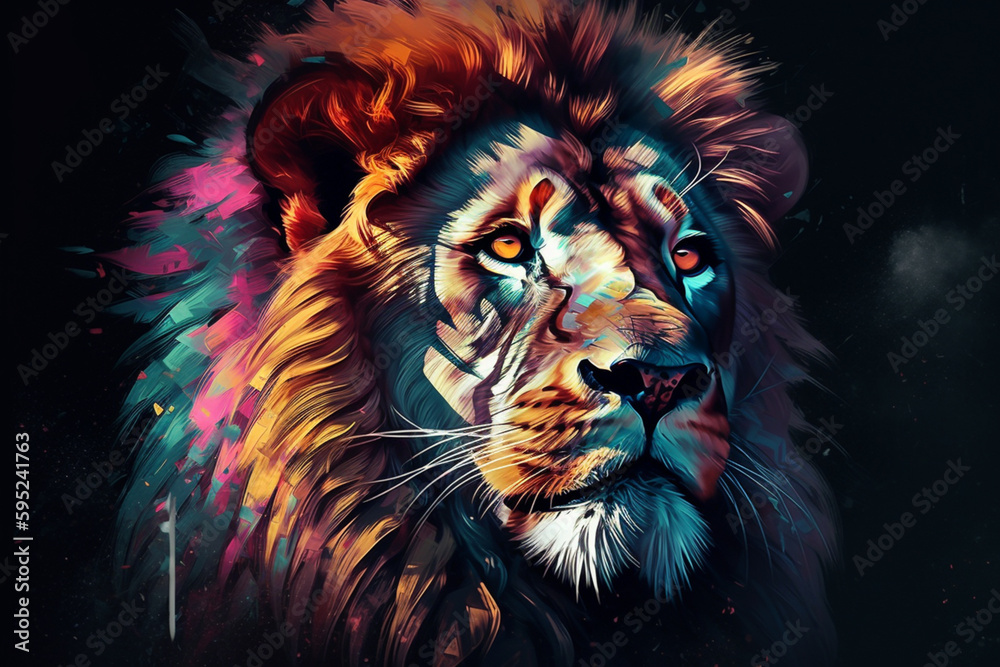Poster abstract geometric digital artwork of a majestic lion, using sharp lines and bold colors to highlight the power and strength of this animal Generative AI technology.
