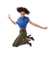 Jump, freedom and happy woman in portrait isolated on transparent, png background for fashion,...