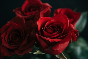 Close-up of fresh deep red Valentine's Day roses. Generative AI