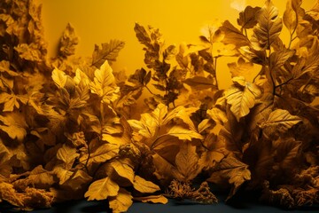 Yellow backdrop with memphis foliage formation. Generative AI