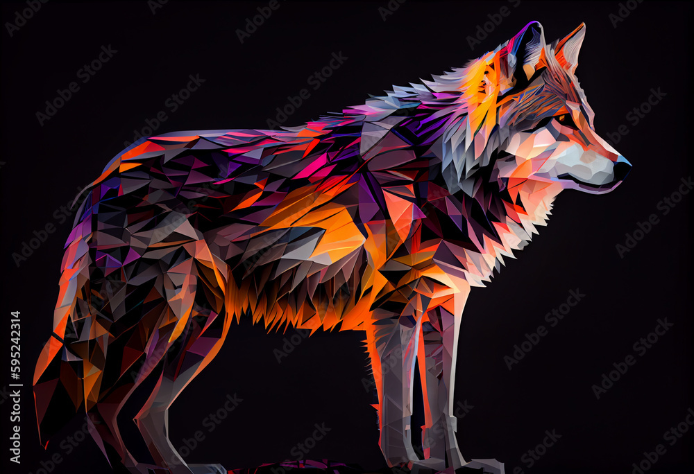 Poster Design a visually stunning digital image of a regal and powerful wolf, using abstract geometric shapes and patterns to create a striking and dynamic composition.  Generative AI technology.
