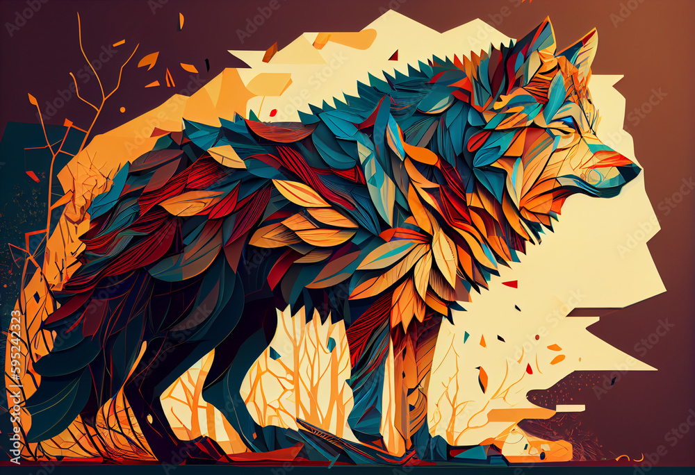 Aufkleber Design a visually stunning digital image of a regal and powerful wolf, using abstract geometric shapes and patterns to create a striking and dynamic composition.  Generative AI technology.
