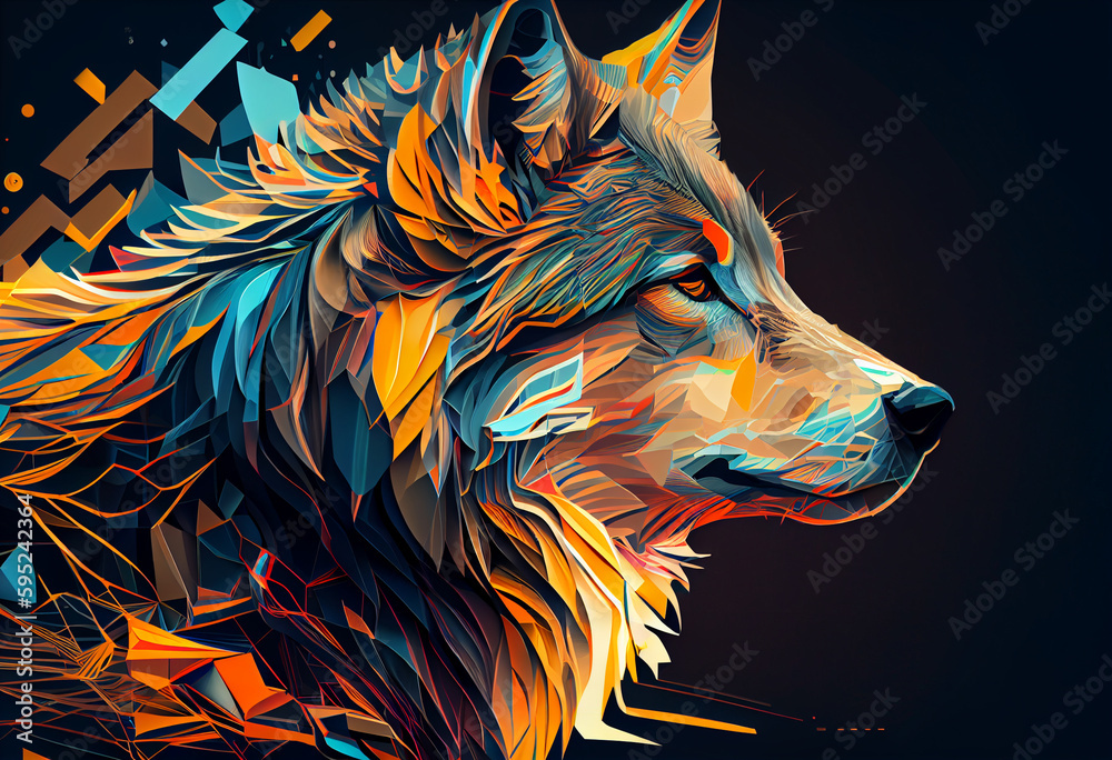 Poster Design a visually stunning digital image of a regal and powerful wolf, using abstract geometric shapes and patterns to create a striking and dynamic composition.  Generative AI technology.
