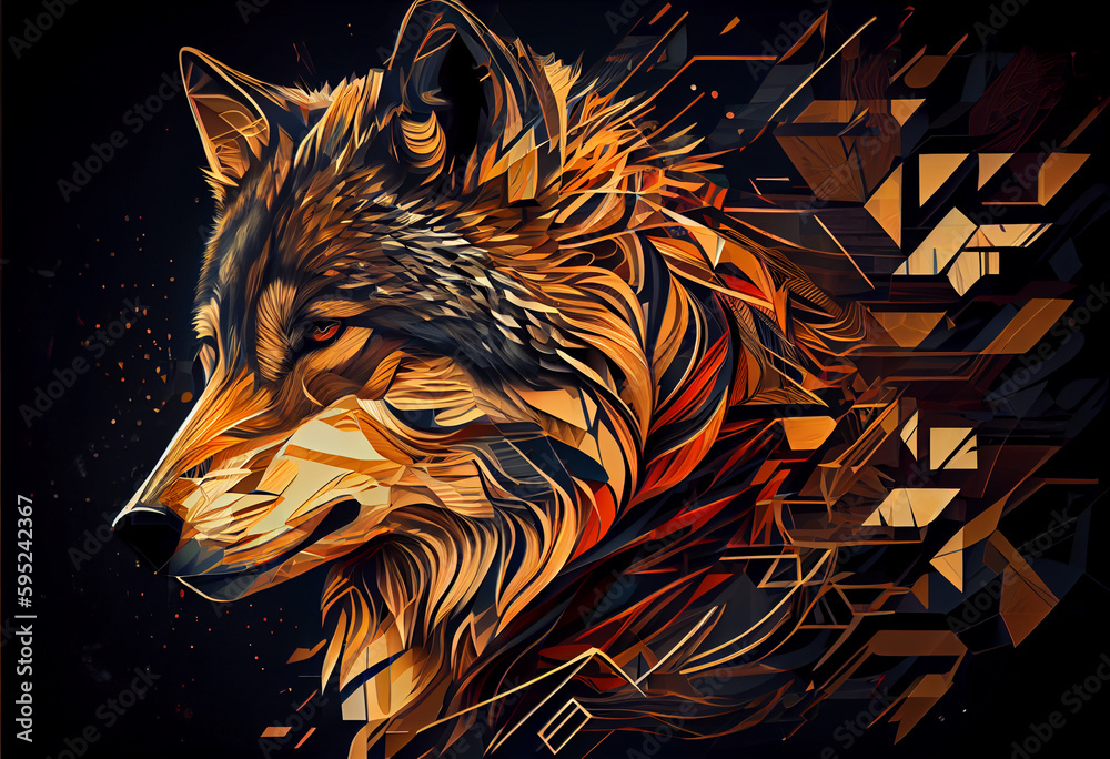 Leinwandbilder Design a visually stunning digital image of a regal and powerful wolf, using abstract geometric shapes and patterns to create a striking and dynamic composition.  Generative AI technology.
