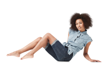 Portrait, casual and happy woman sitting isolated on transparent png background. Female person with carefree personality on floor for fashion, curly afro hair and relaxing barefoot in cool style