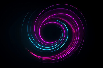 3d render, abstract neon background with fluorescent ring, blank round frame. generative ai. Simple geometric shape. Laser line glowing with pink blue light