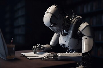 Fototapeta premium Artificial intelligence robot writing and solving problems. 