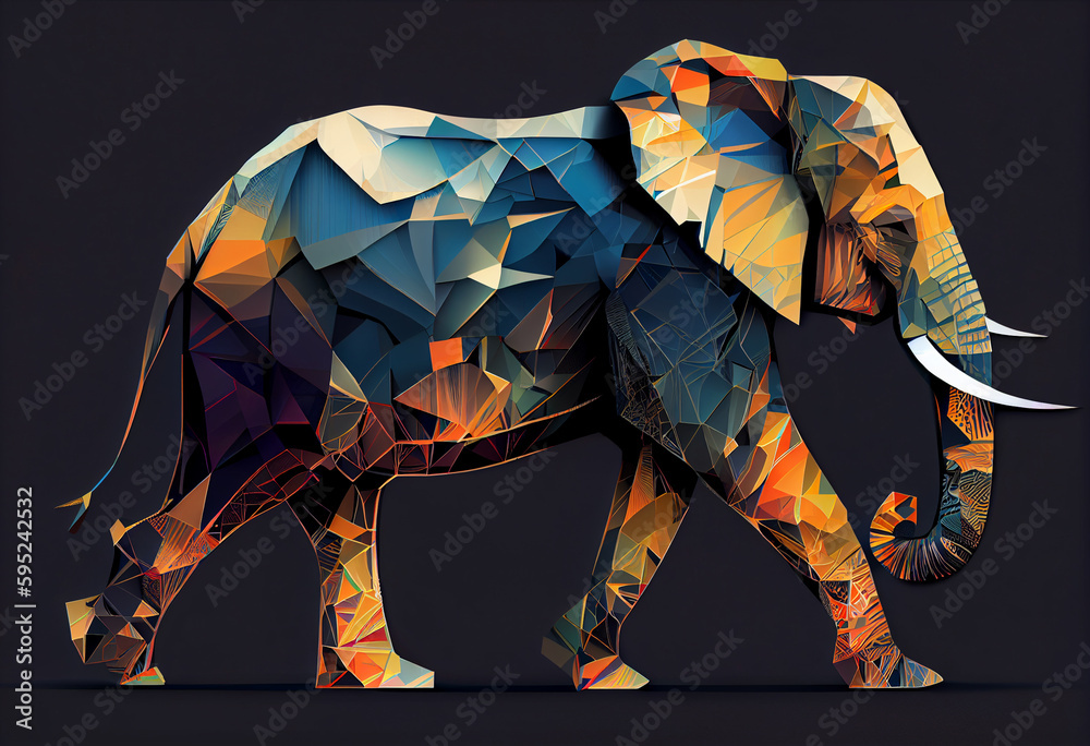 Poster produce a dynamic digital artwork of a majestic elephant, incorporating abstract geometric shapes an