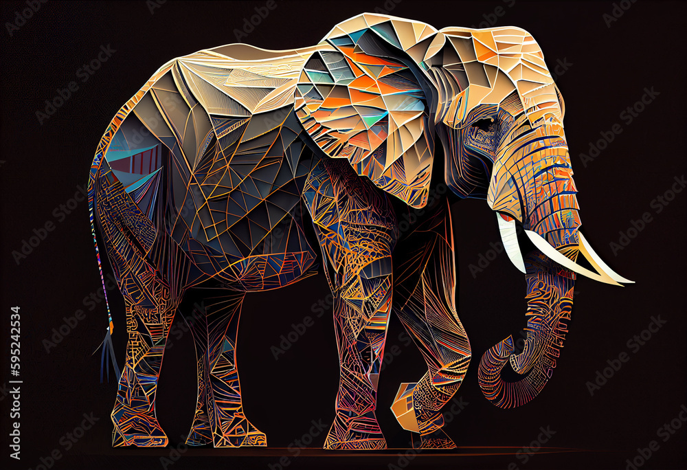 Poster produce a dynamic digital artwork of a majestic elephant, incorporating abstract geometric shapes an
