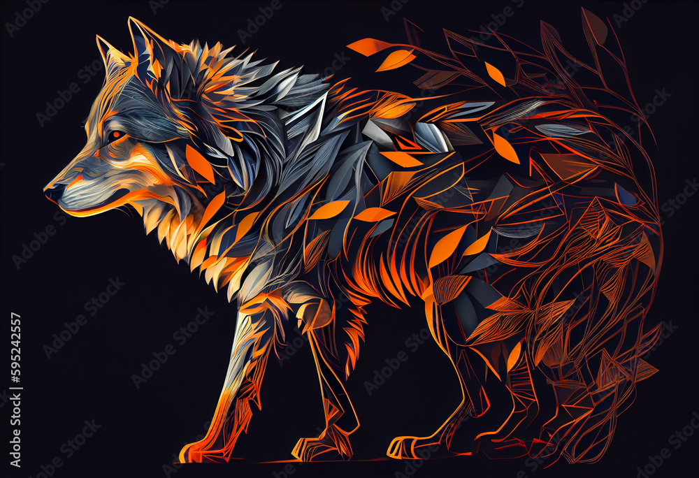Poster Design a visually stunning digital image of a regal and powerful wolf, using abstract geometric shapes and patterns to create a striking and dynamic composition.  Generative AI technology.
