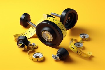 Naklejka na ściany i meble 3D illustration of dumbbells, scales, and measuring tape on yellow background for body fitness. Generative AI