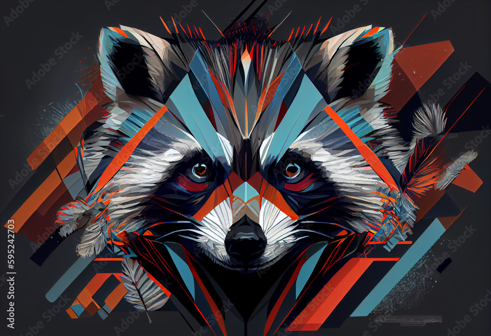 Fototapete Design a visually stunning digital image of a regal and powerful raccoon, using abstract geometric shapes and patterns to create a striking and dynamic composition.  Generative AI technology.

