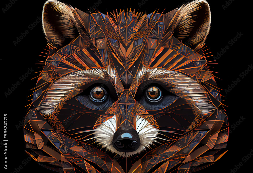 Poster Design a visually stunning digital image of a regal and powerful raccoon, using abstract geometric shapes and patterns to create a striking and dynamic composition.  Generative AI technology.
