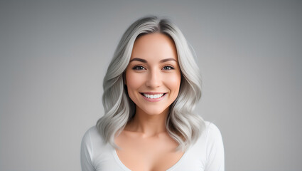 Woman with silver hair smiling at a camera. Empty background with copy space. Generative AI.