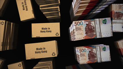 Made in Hong Kong box and Hong Kong Dollar money pack 3d illustration