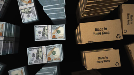 Made in Hong Kong box and US Dollar money pack 3d illustration