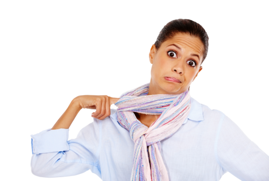 Portrait, hot and woman pulling scarf, mistake and lady isolated against a transparent background. Face, female person and model with facial expression, oops and girl with png, fashion and emoji