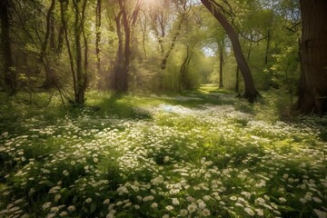 Fototapeta premium Forest glade with lots of white spring flowers and butterflies on a sunny day