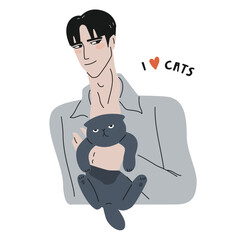 Handsome male holding cute cat. I love cats illustration. Clip art, wall art. Isolated on white background. K-pop style.