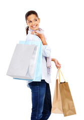 Fashion, sale and woman with shopping bags for discount on isolated, transparent and png...