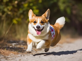 Running corgi dog on dusty street. Front view.
