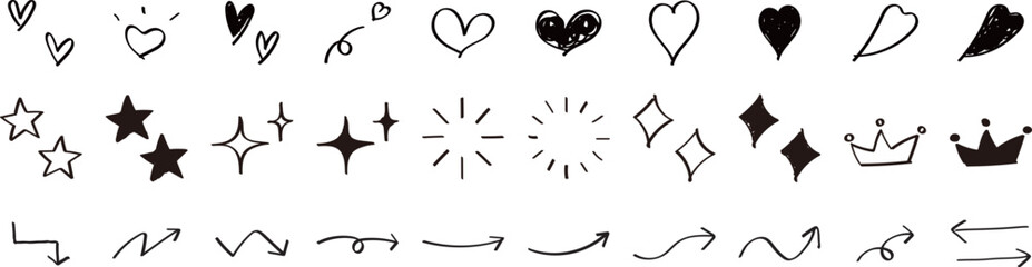 かわいい手描きのあしらいセット（キラキラ・ハート・矢印）