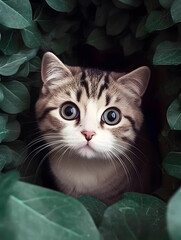 Cute kitten hidden between the green leaves.