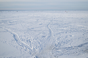 View of frozen snowy sea in winter