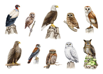 Birds of prey watercolor set. Hand painted predatory bird collection. Owl, eagle, vulture owlet, kestrel isolated on white background. Different wild hunter birds set. isolated on white background