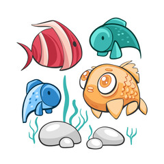 Vector illustration of cute fish underwater in comic cartoon style.