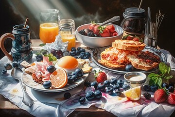 Fototapeta na wymiar Watercolor breakfast painting of food. Generative AI