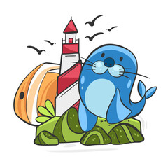Vector illustration of a collage on a marine theme, a lighthouse and a seal in a cartoon style.