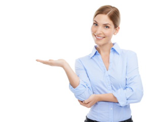 Business woman, happy and portrait with hand and space for presentation, solution or choice. Professional female advertising product, logo or brand in palm isolated on transparent, png background