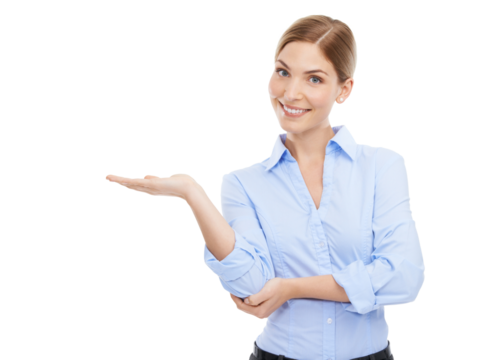 Business woman, happy and portrait with hand and space for presentation, solution or choice. Professional female advertising product, logo or brand in palm isolated on transparent, png background