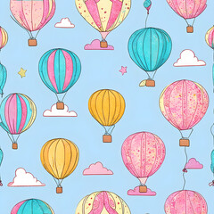 A nostalgic Honeypennies Balloon Trip Seamless pattern with soft pastel colors and delicate details, rendered, seamless pattern with balloons