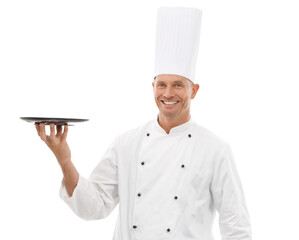 Happy chef, portrait or serving man advertising space for food promotion or cooking skills. Professional male culinary artist with hand for tray, plate or menu isolated on transparent png background
