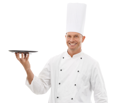 Happy chef, portrait or serving man advertising space for food promotion or cooking skills. Professional male culinary artist with hand for tray, plate or menu isolated on transparent png background