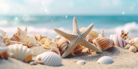 Fototapeta na wymiar Beautiful sand beach with a starfish and seashells AI generative art