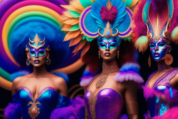 Group of Divas in glamorous dressed dreamlike gowns hairstyles and make-up for party. Three Beautiful masked drag queens with elegance and glamour ready for show. Generative ai