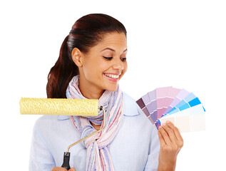 Woman, creativity color swatch and paint roller for house, home improvement and diy. Smile, happy and creative female interior designer with painting tools isolated on a transparent, png background