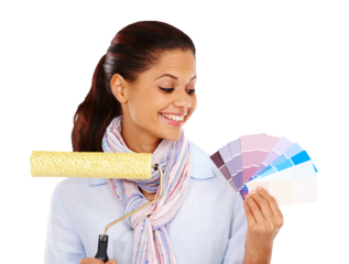 Woman, creativity color swatch and paint roller for house, home improvement and diy. Smile, happy and creative female interior designer with painting tools isolated on a transparent, png background