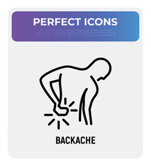 Backache thin line icon. Man touching his back. Osteoporosis, arthritis symptom. Vector illustration.