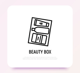Beauty box thin line icon: cream, soap, spray. Cosmetic giftbox. Modern vector illustration.