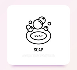Soap with foam thin line icon. Hygiene symbol. Modern vector illustration for beauty shop.
