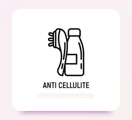 Anti cellulite treatments thin line icon: body massager and body oil in glass bottle. Modern vector illustration for beauty shop.
