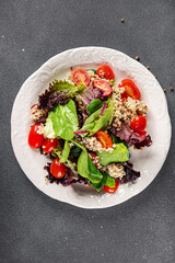 quinoa salad fresh tomato, green lettuce mix healthy meal food snack on the table copy space food background rustic top view 