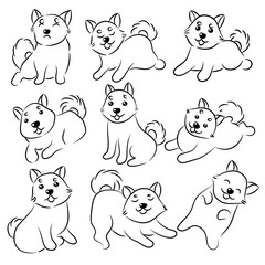 Doodle Cartoon Pembroke Welsh Corgi illustration set in different poses. Cute sitting, running and lying vector dog isolated on white background