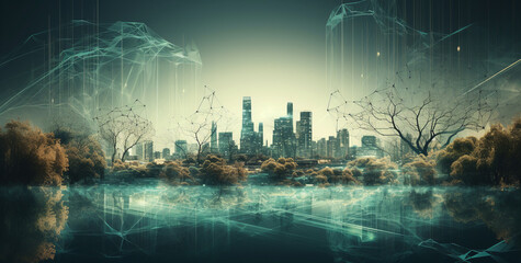 Obraz premium Modern city with diffused wireless network connection and cityscape concept. Generative AI