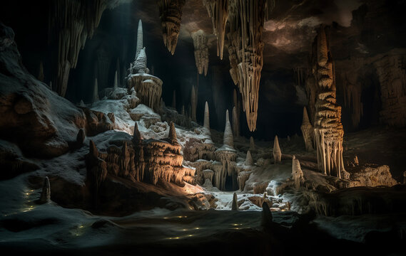 The breathtaking world of luminous caves filled with stalactites and stalagmites. Generative AI