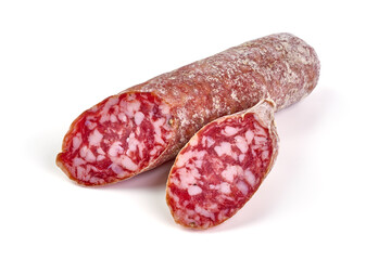 Italian salami with mold, isolated on white background.